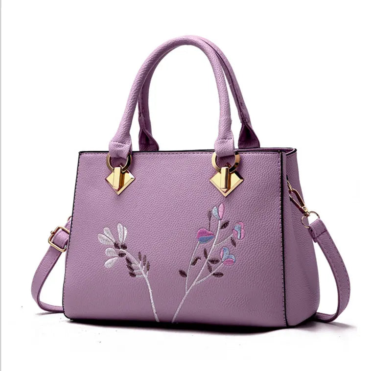 Ladies High Quality Flower Embroidered Handbag - Purple