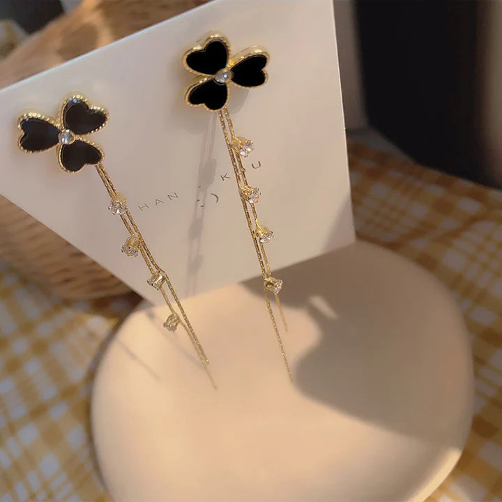 Three Heart Tassel Gold Plated Ear Tops- Black - Shop N Save