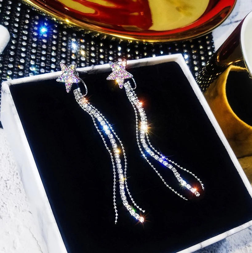 Star Engraved Crystal Silver eplated Earrings - Silver - Shop N Save