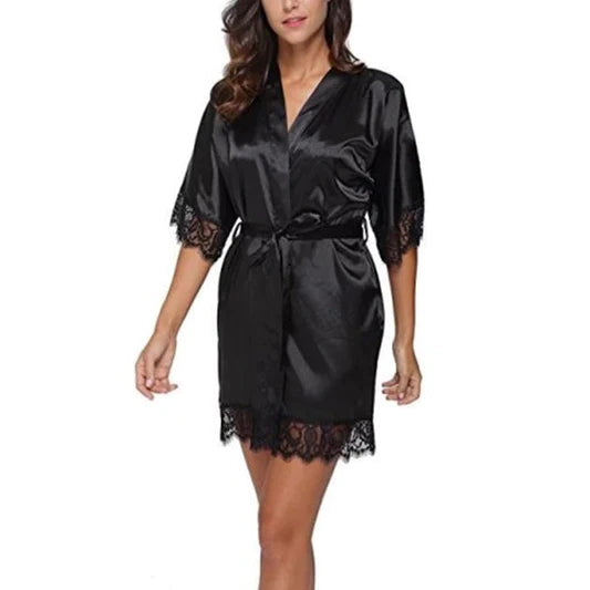 Woman Sleepwear Satin Robe Lace Dress - Black - Shop N Save