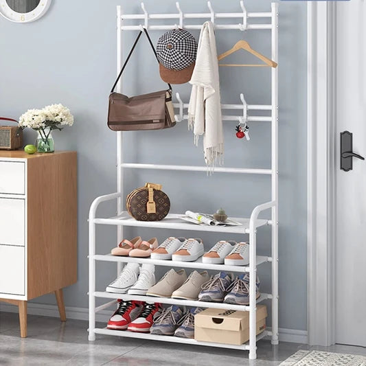 Multifunctional 4 Tiers Shoe Rack And Hat Coat Hanger - Black - Shop N Save