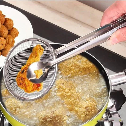 Steel Spoon With Clip Oil Frying Filter - Silver - Shop N Save