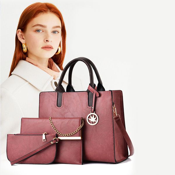 3 Pieces Zip Closure Large Capacity Women's Bag Set - pink
