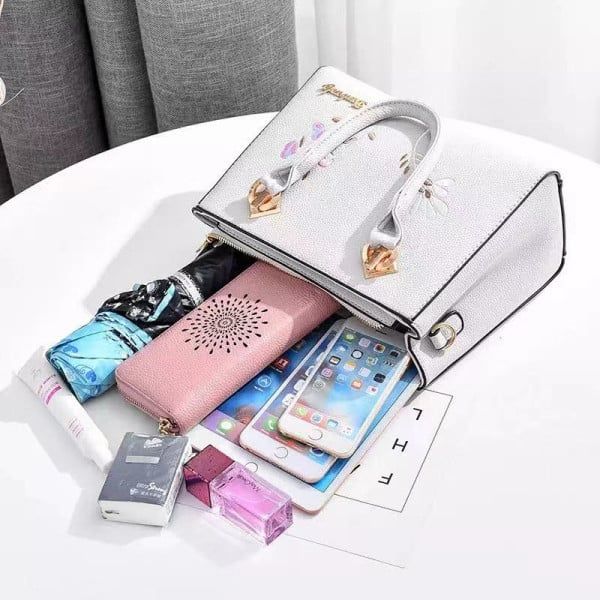 High-Quality Floral Handbag: Cream White, Zip Closure, Double Handle - Shop N Save