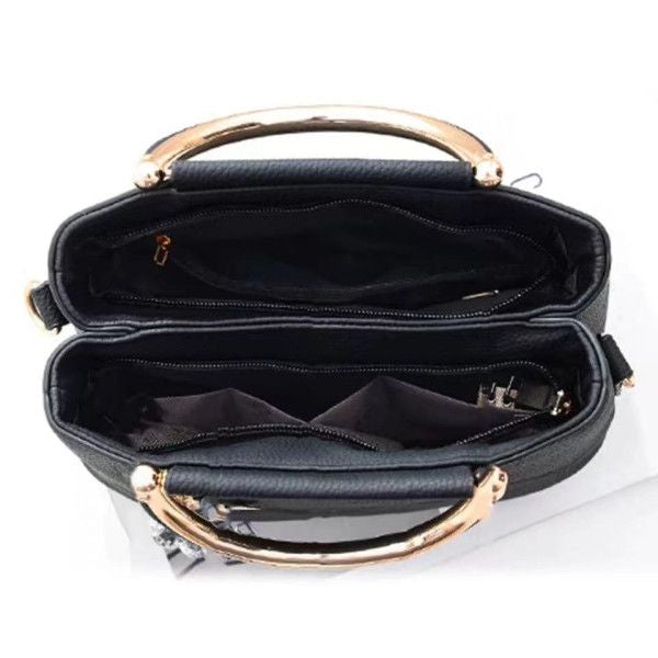 Black Embroidered Handbag: Stylish, Geometric, Tassel Detail, Zip Closure - Shop N Save