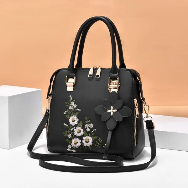 Black Floral Handbag: Chic Design, High Quality, Stylish Zipper Closure - Shop N Save