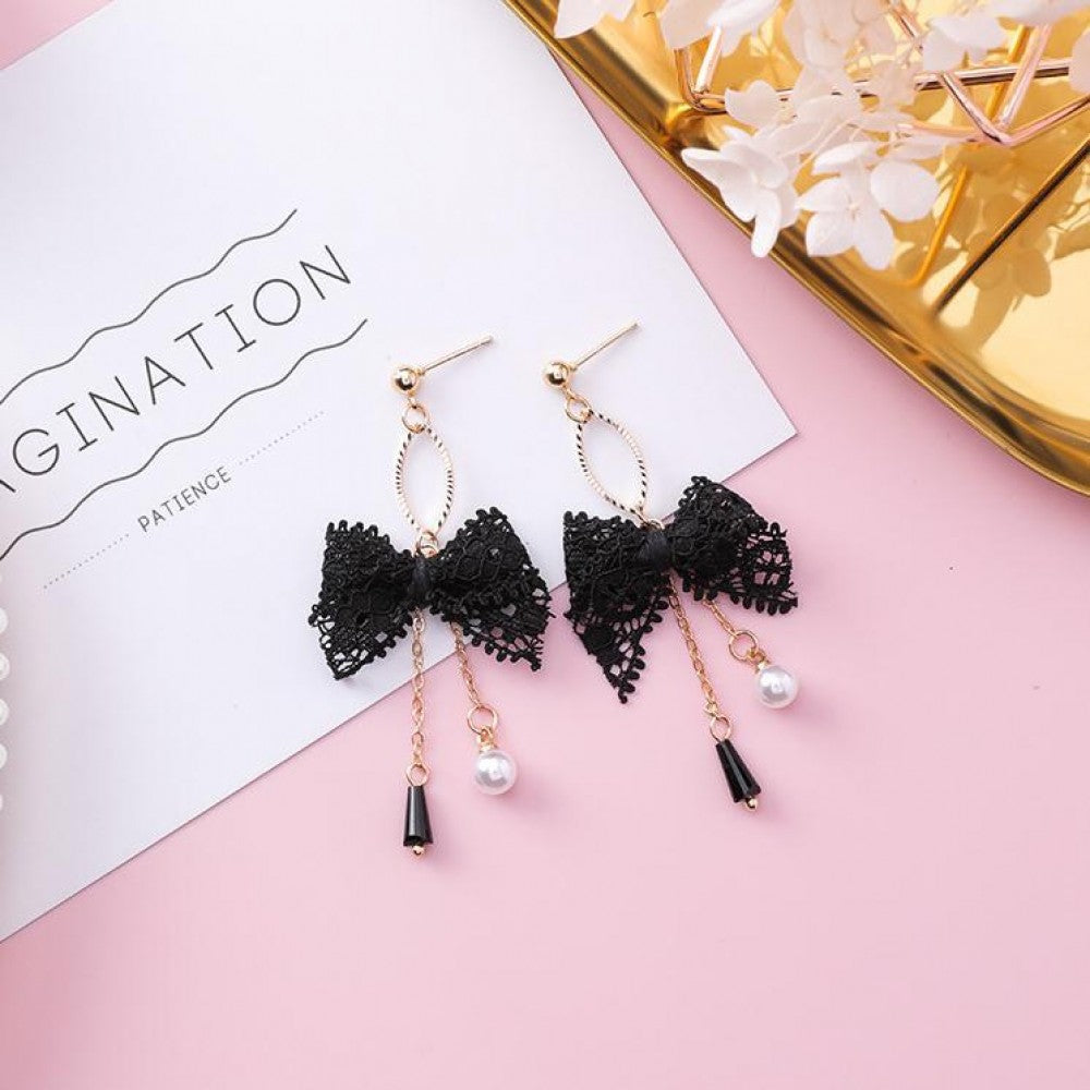 Korean Style Lace Bow Tassel Sweet Earrings Elegant Pearl - Black