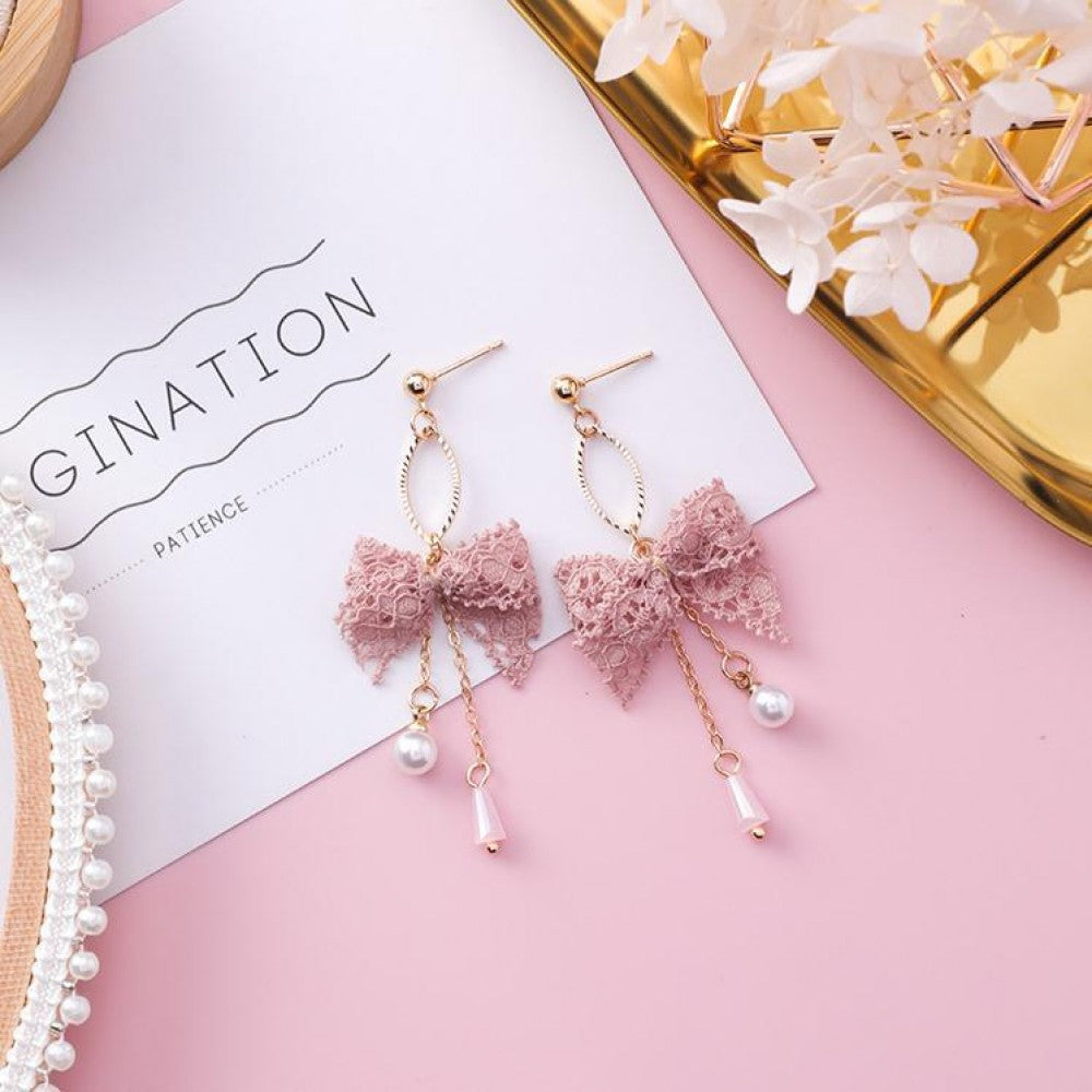 Korean Style Lace Bow Tassel Sweet Earrings Elegant Pearl - Pink