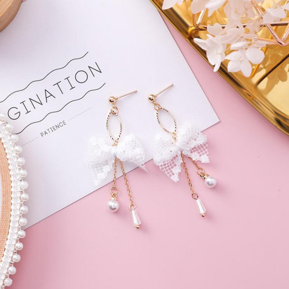Korean Style Lace Bow Tassel Sweet Earrings Elegant Pearl - White
