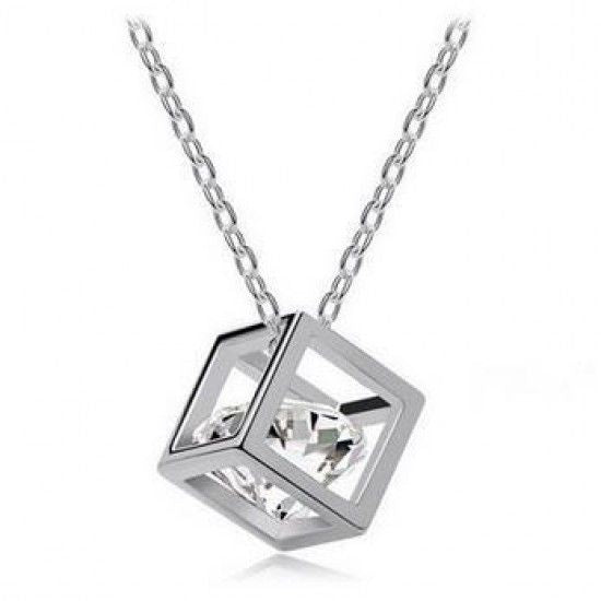 Love Cube Three-Dimensional Necklace Flash Crystal Pendant Silver