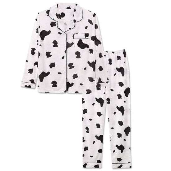 2Pcs Cow Printed Pajama Set - Solid Color Round Collar Neck Long Sleeves With Trouser Sleepwear For Women Nightwear - White Black