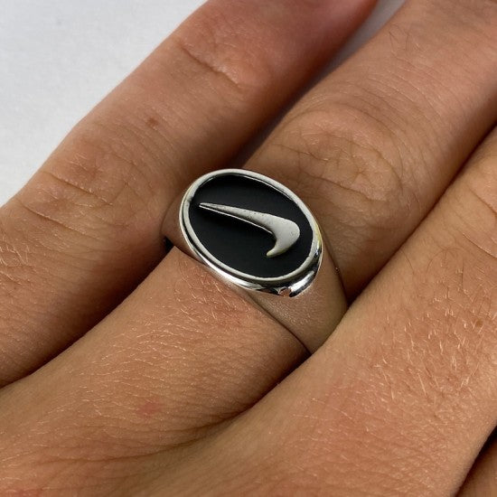 Nike Swoosh Logo Square Signet Ring Black