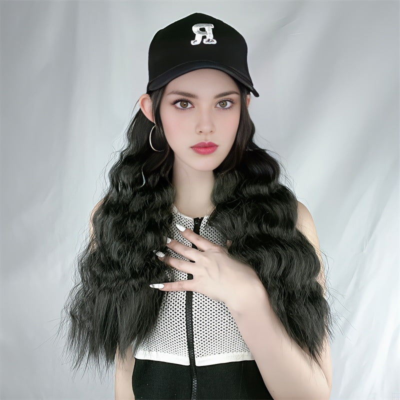 Cross-Border Wig with Chemical Fiber Long Hair and Wool Roll Baseball Hat