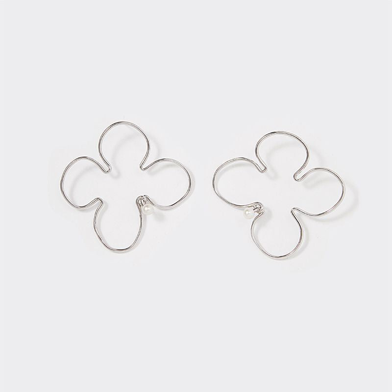 Yuan Bingyan Style Earrings - Hollow Flower, Pearl Inlay, Silver - Shop N Save