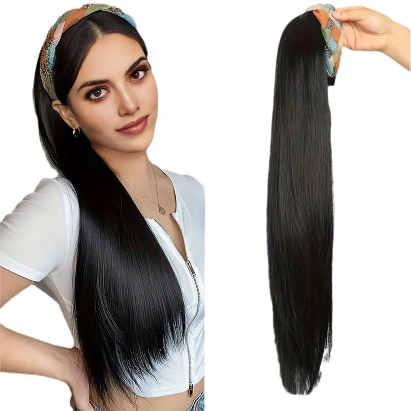 Hair Hoop Wig: Black Long Straight Hair with Colorful Braided Rhinestone Twist