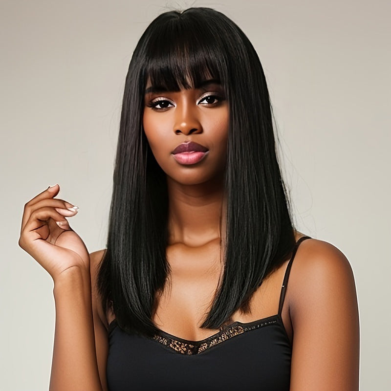 Medium Long Black Hair European-American Wig - High Temp Wire