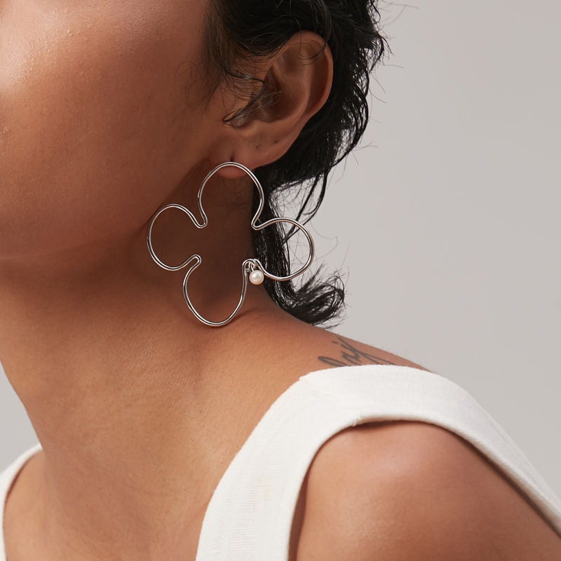 Yuan Bingyan Style Earrings - Hollow Flower, Pearl Inlay, Silver - Shop N Save