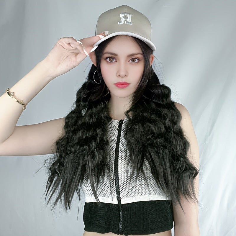 Cross-Border Wig with Chemical Fiber Long Hair and Wool Roll Baseball Hat