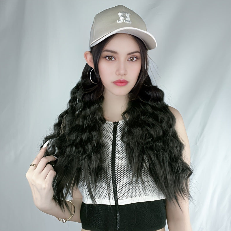 Cross-Border Wig with Chemical Fiber Long Hair and Wool Roll Baseball Hat