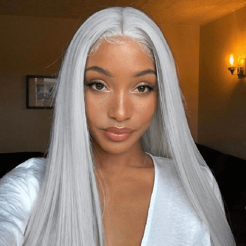 Silver Gray Front Lace Wig: Euro-American New Style, Long Straight Hair, Middle Part