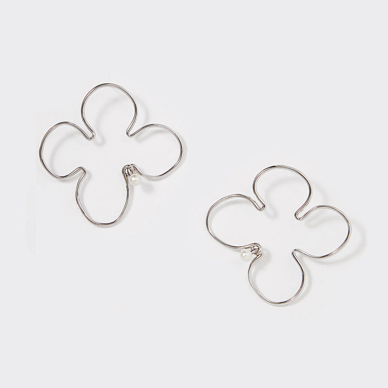 Yuan Bingyan Style Earrings - Hollow Flower, Pearl Inlay, Silver - Shop N Save