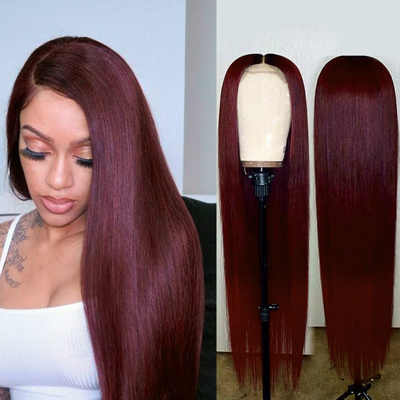 Wig for women with long straight hair burgundy long hair European and American foreign trade export dyed chemical fiber headgear for women