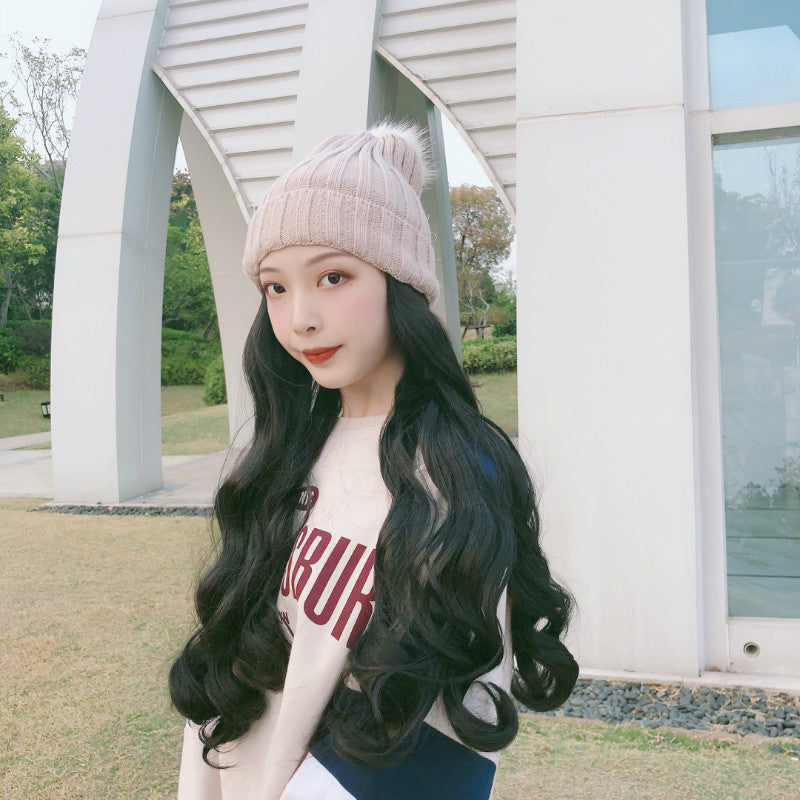 Cross-border foreign trade hat and wig in one natural fashion fluffy long curly hair Korean style hairstyle wig female long hair