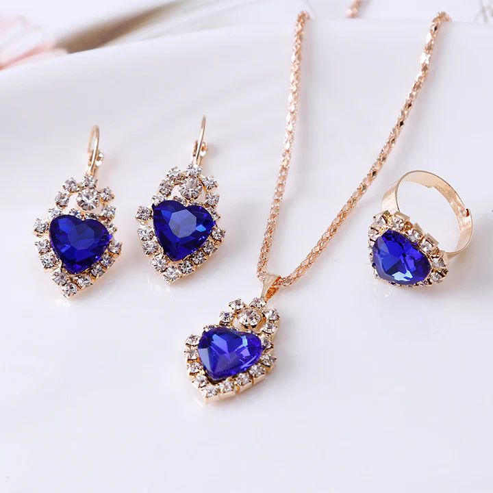 Blue Heart Crystal Trio: Necklace, Earrings & Ring Set for Elegance - Shop N Save