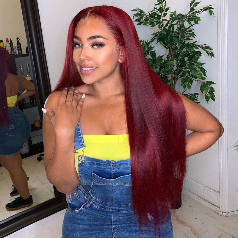 Burgundy Straight Hair Wig - European Fashion Headgear