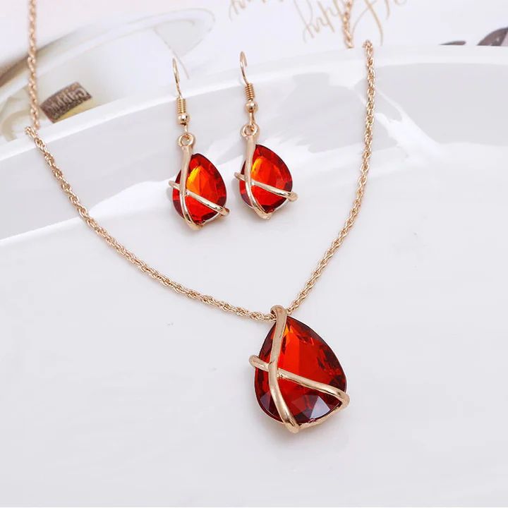 Red Gemstone Set: Water Drop Necklace and Cross Earrings - Shop N Save