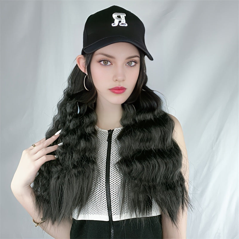 Cross-Border Wig with Chemical Fiber Long Hair and Wool Roll Baseball Hat