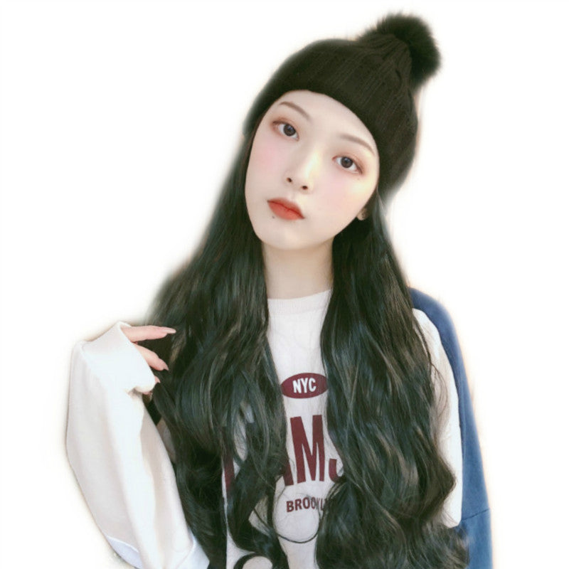 Cross-border foreign trade hat and wig in one natural fashion fluffy long curly hair Korean style hairstyle wig female long hair