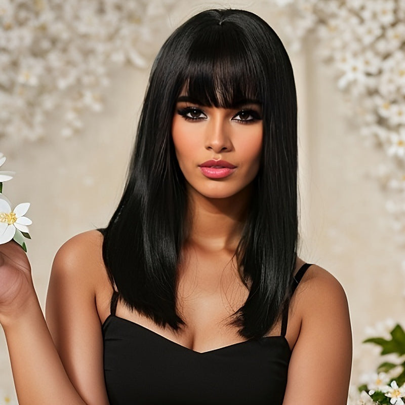 Medium Long Black Hair European-American Wig - High Temp Wire