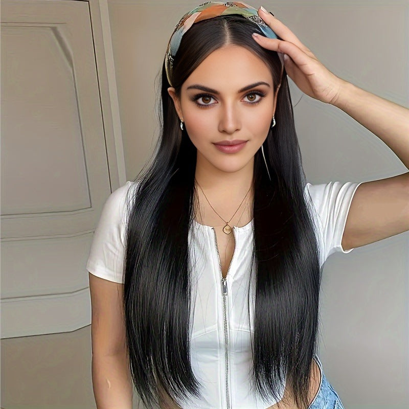 Hair Hoop Wig: Black Long Straight Hair with Colorful Braided Rhinestone Twist