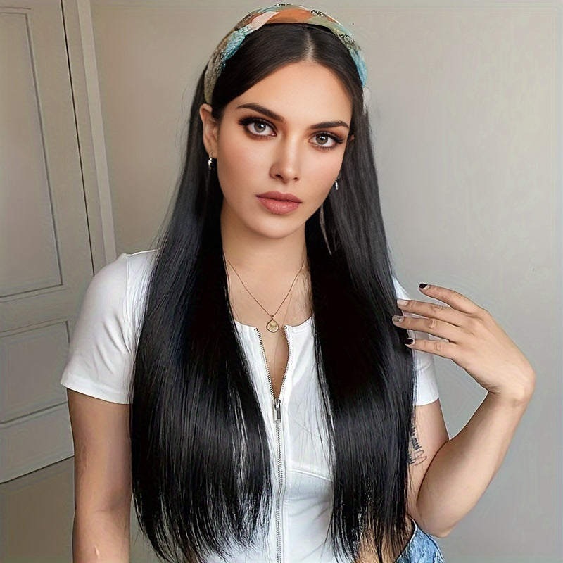 Hair Hoop Wig: Black Long Straight Hair with Colorful Braided Rhinestone Twist