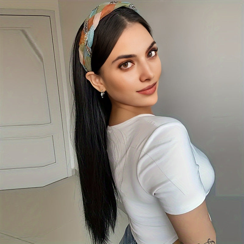 Hair Hoop Wig: Black Long Straight Hair with Colorful Braided Rhinestone Twist