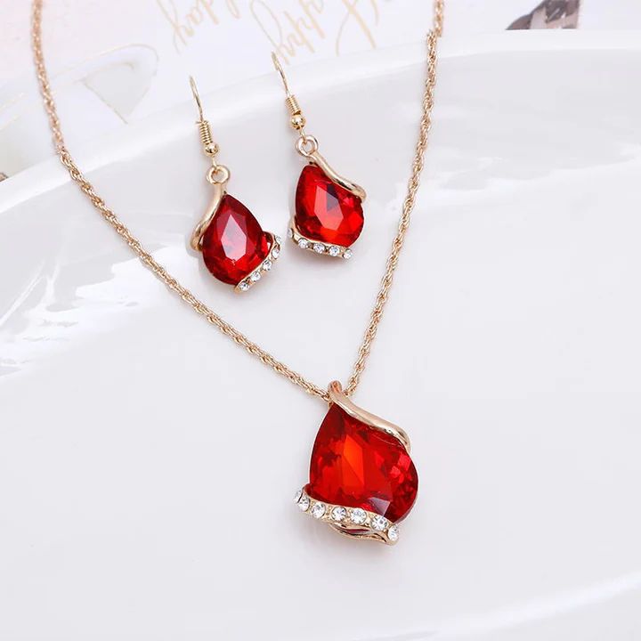 Red Polygon Diamond Set: Elegant Crystal Glass Necklace & Earrings - Shop N Save