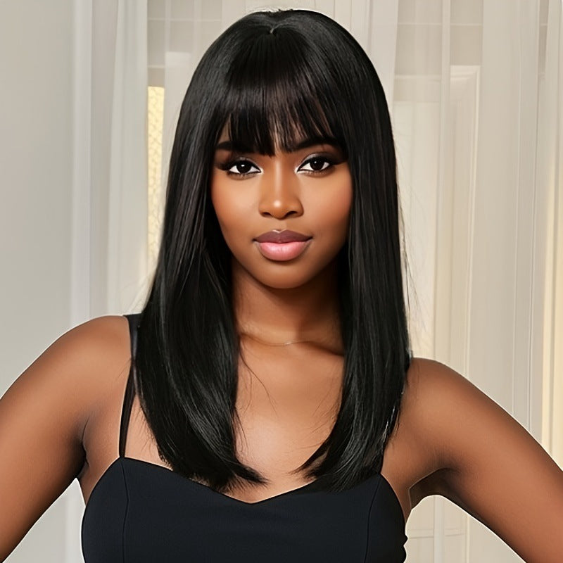 Medium Long Black Hair European-American Wig - High Temp Wire