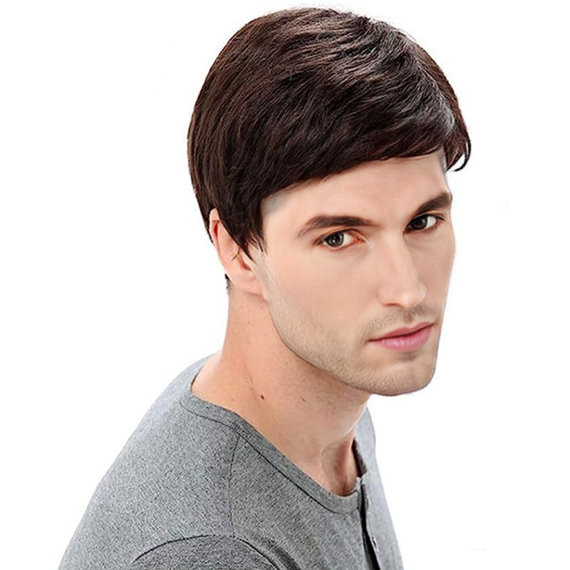 Men's Fashion Wig: Oblique Bangs, Short Straight Hair, European & American Style, Chemical Fiber Headgear