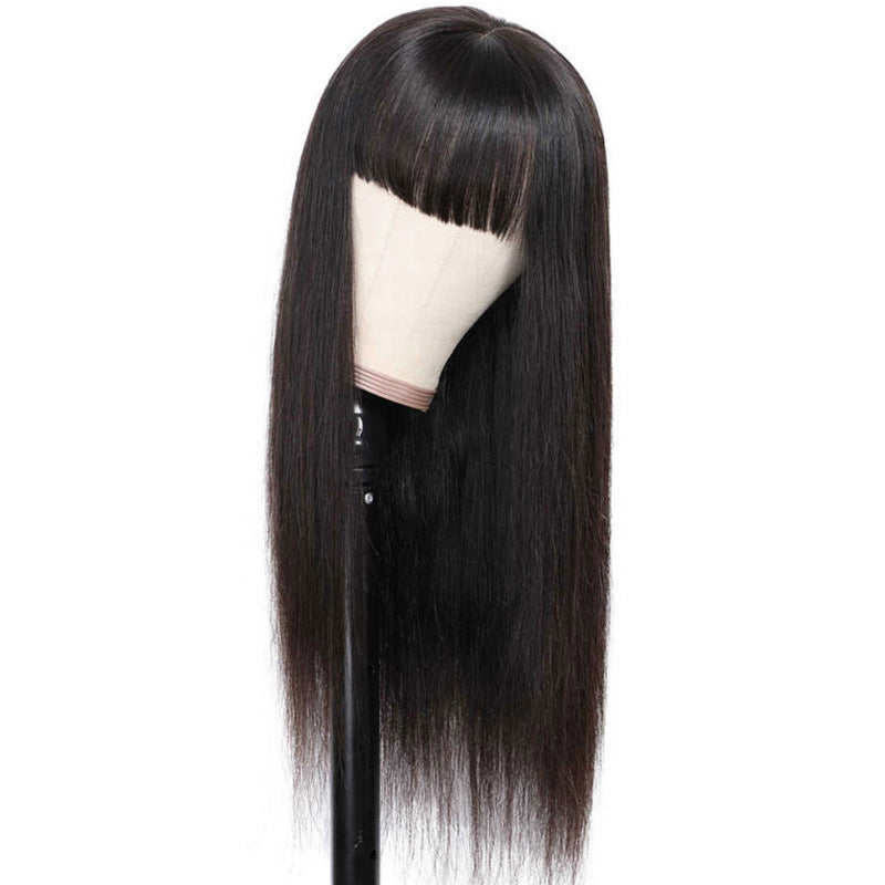 Africa full bangs black long straight hair wig headgear for women