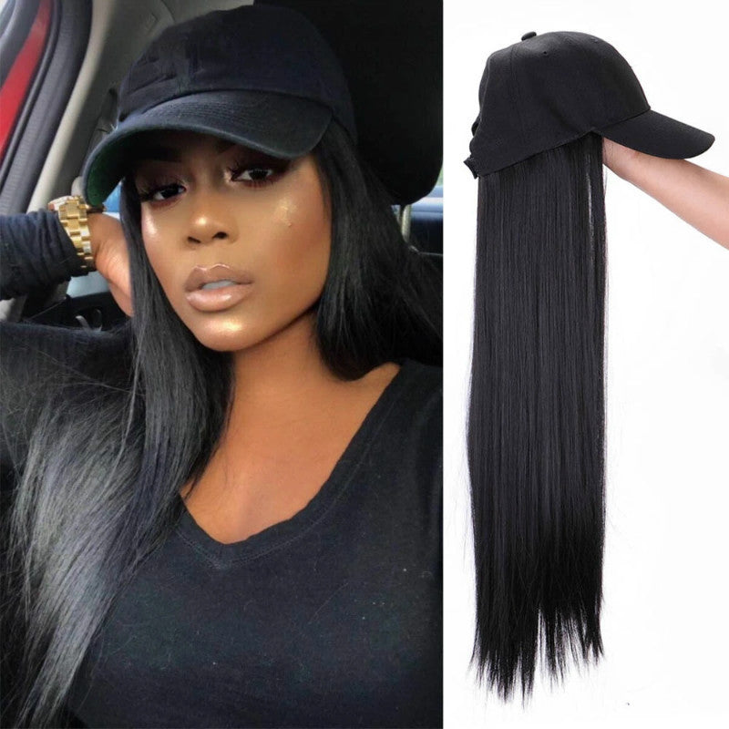 Cross-border summer hat wig for women all-in-one black long straight hair European and American new simulation long hair.