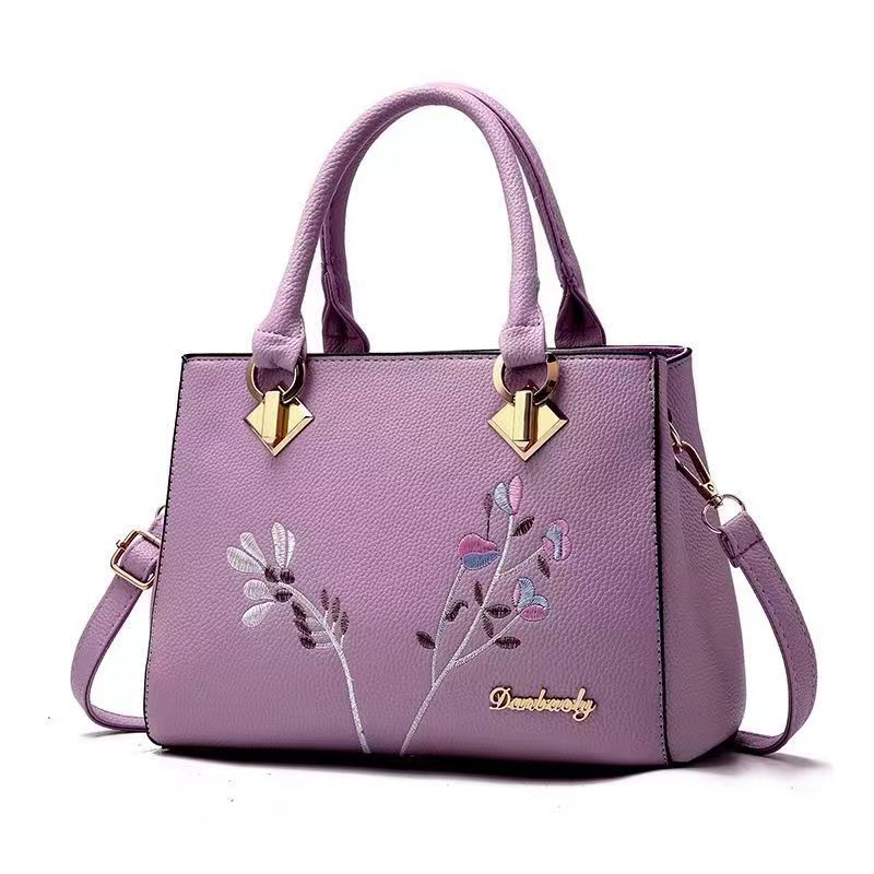 Ladies High Quality Flower Embroidered Handbag - Purple
