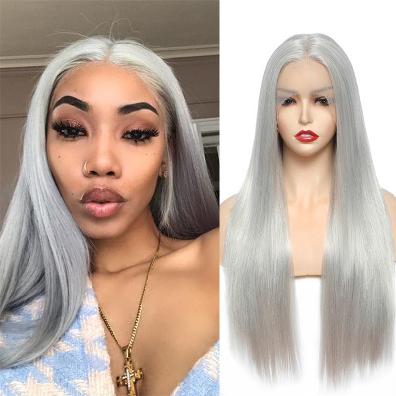 Silver Gray Front Lace Wig: Euro-American New Style, Long Straight Hair, Middle Part