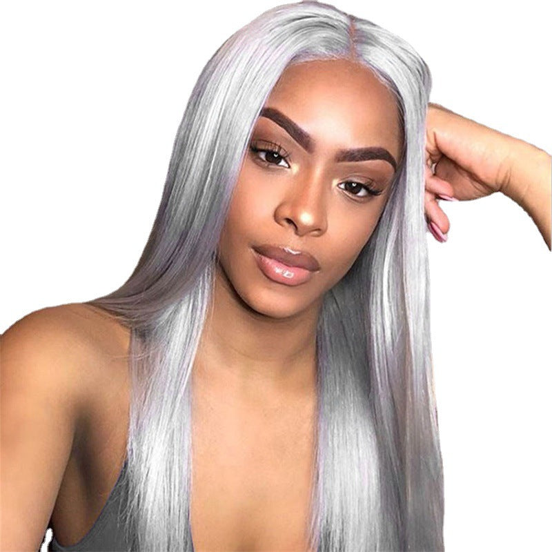Silver Gray Front Lace Wig: Euro-American New Style, Long Straight Hair, Middle Part
