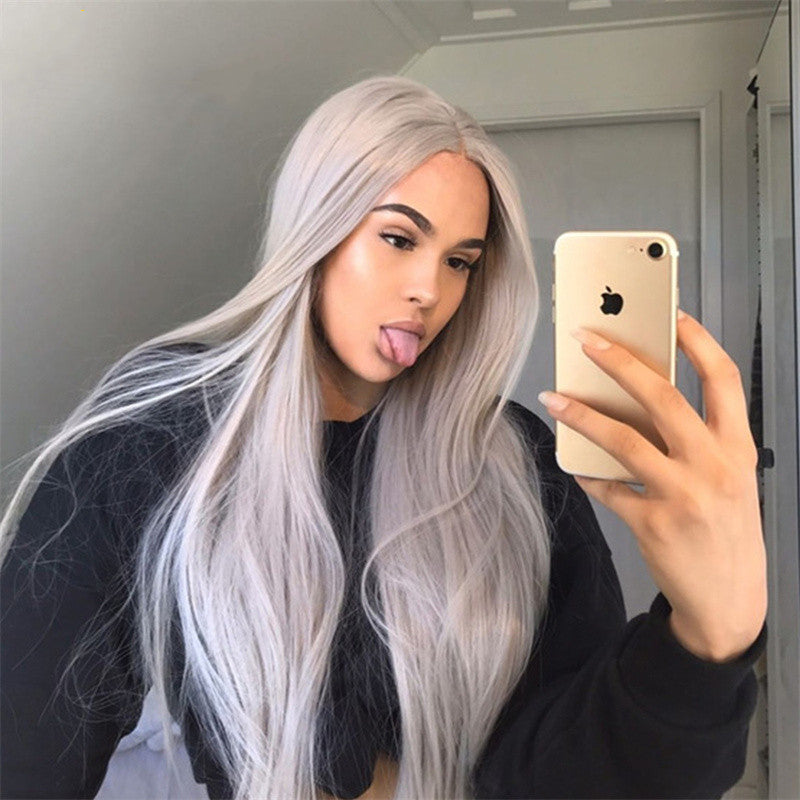 Silver Gray Front Lace Wig: Euro-American New Style, Long Straight Hair, Middle Part