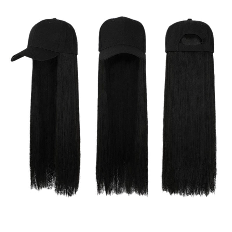 Cross-border summer hat wig for women all-in-one black long straight hair European and American new simulation long hair.