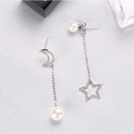 Pearl New Fashion Moon Stars Women Drop Earrings Gift - Silver
