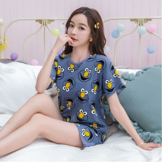 Printed Pajamas Set For Women Sleepwear Homewear Nightwear Dark Blue