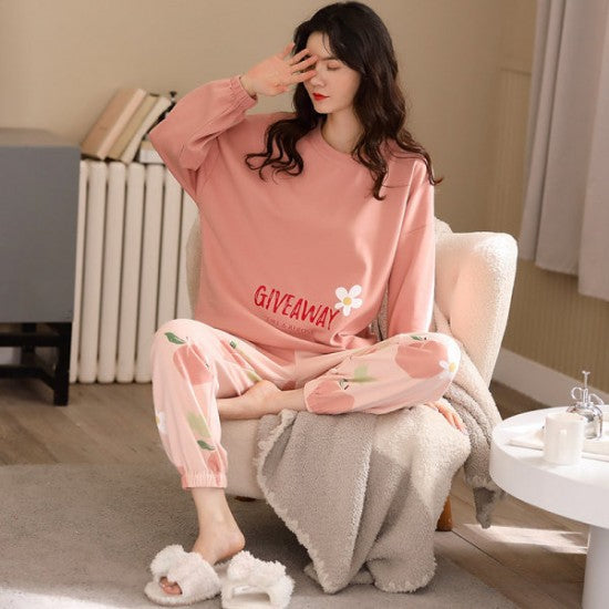 Printed Pajamas Set For Women Sleepwear Homewear Nightwear Peach