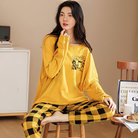 Printed Pajamas Set for Women Sleepwear Homewear Nightwear Yellow